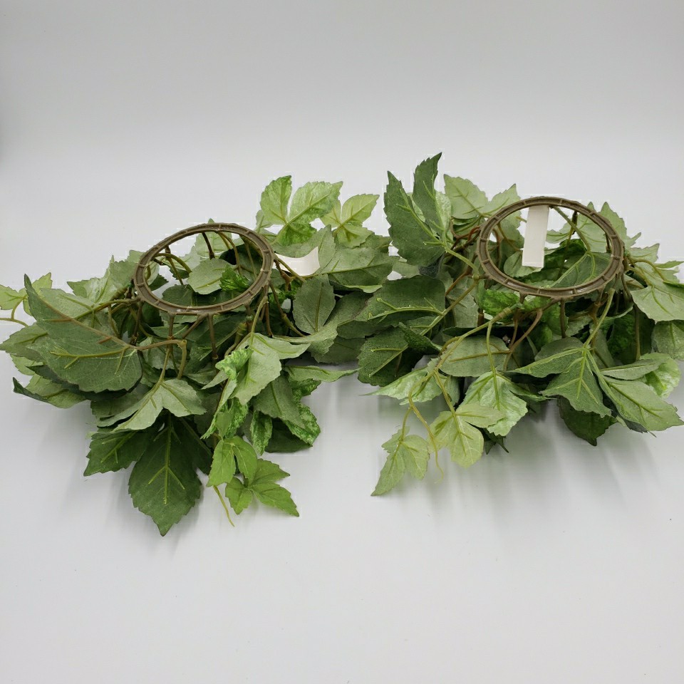 Artificial Ivy Leaf Vine Vtg Pillar Candle Ring SET of 2 Plastic Fabric Greenery