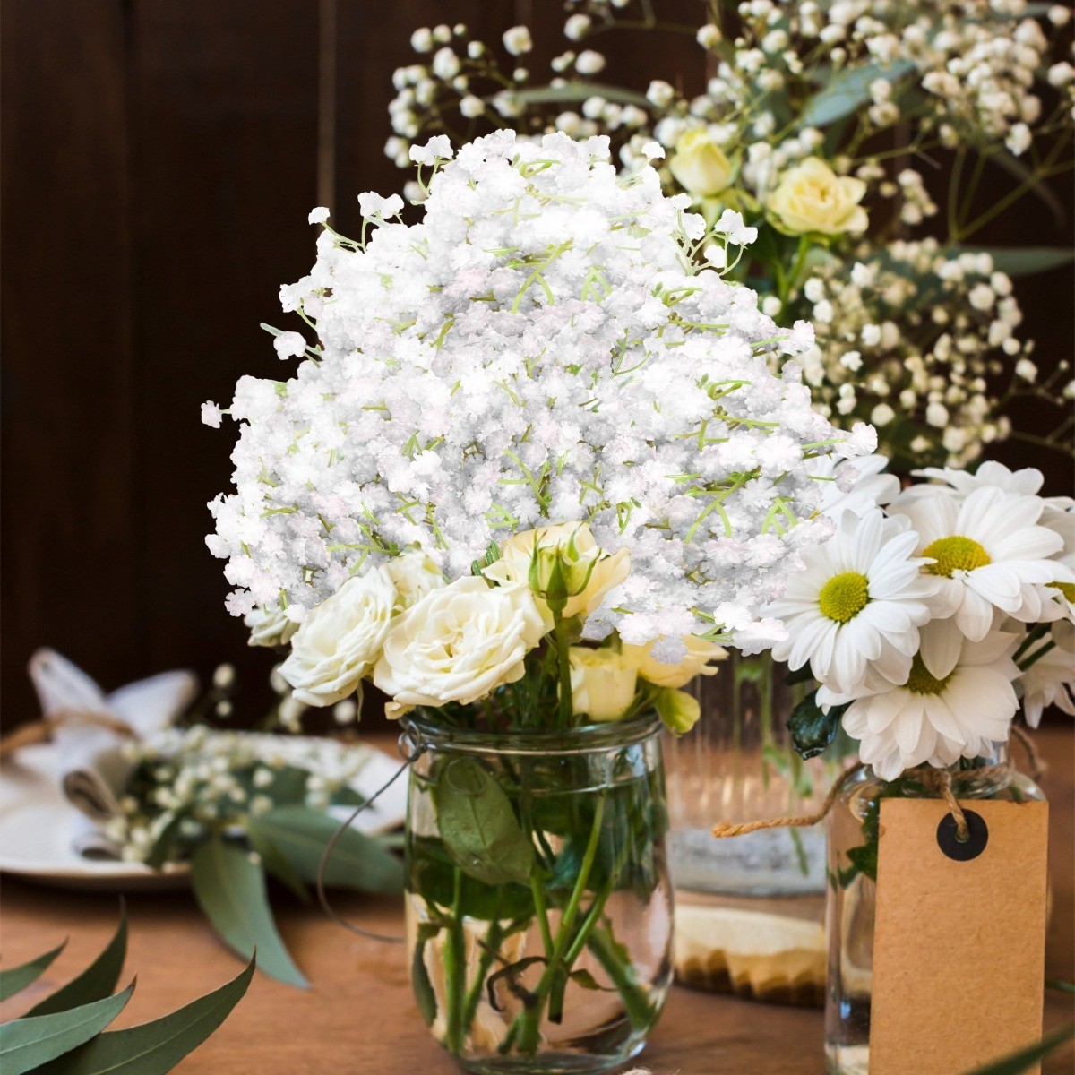 52PCS Baby Breath Artificial Flowers White Real Touch Gypsophila Bouquet Decor
