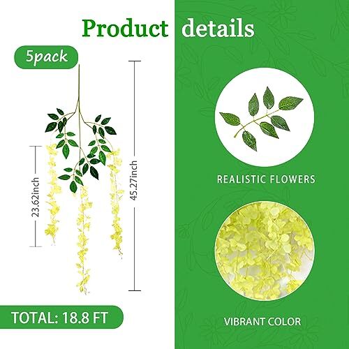 5 Pack Wisteria Hanging Flowers Garland, 3.77 Feet Artificial 5 PCS Green