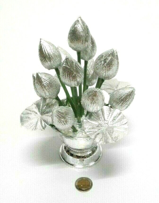 Thai Buddha Worship Phan Dhog Silver&Gold Lotus Offering Pedestal Small 2Pcs DHL