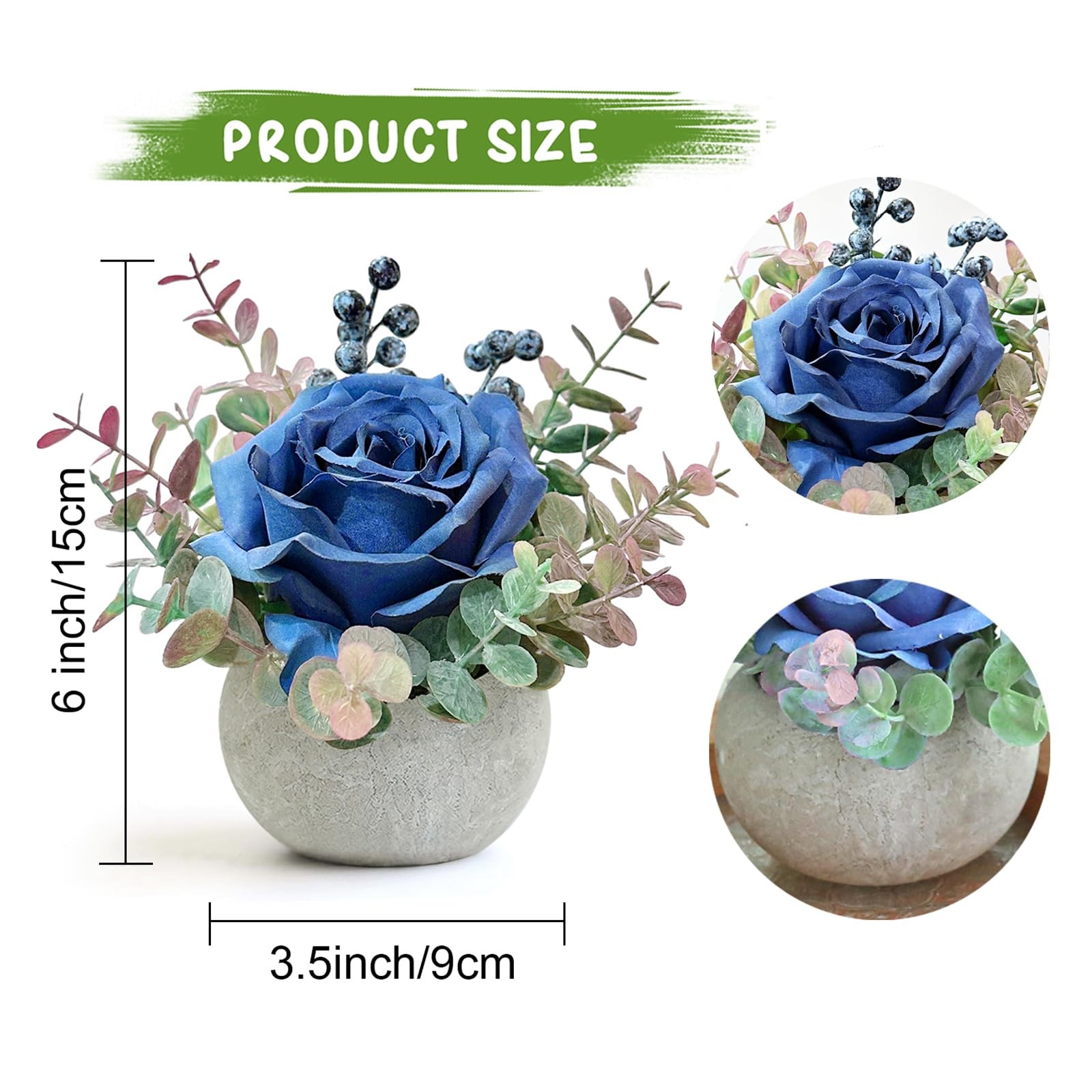 2 Pack Artificial Flowers With Pot Blue Rose Eucalyptus Fake Potted House Plants