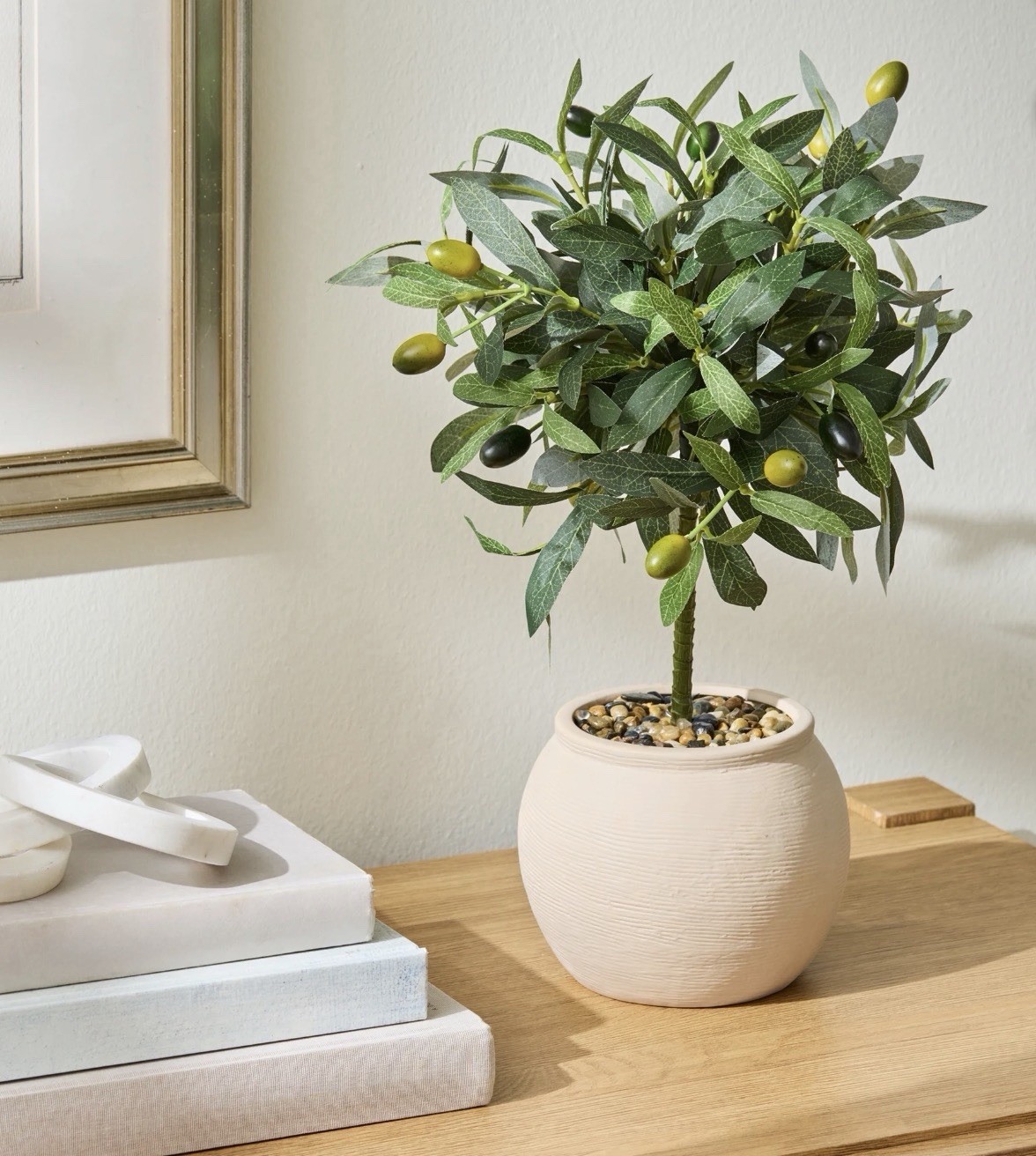 Better Homes & Gardens Realistic Artificial Olive Plant with Tan Ceramic Vase