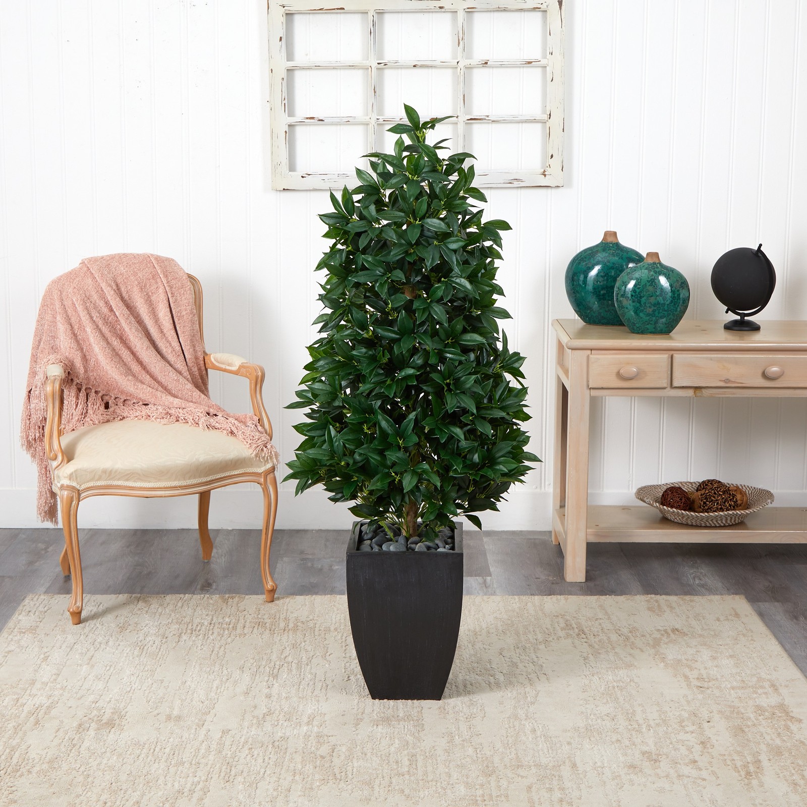 Nearly Natural 56″ Bay Leaf Cone Topiary Tree UV Resistant in Black Planter