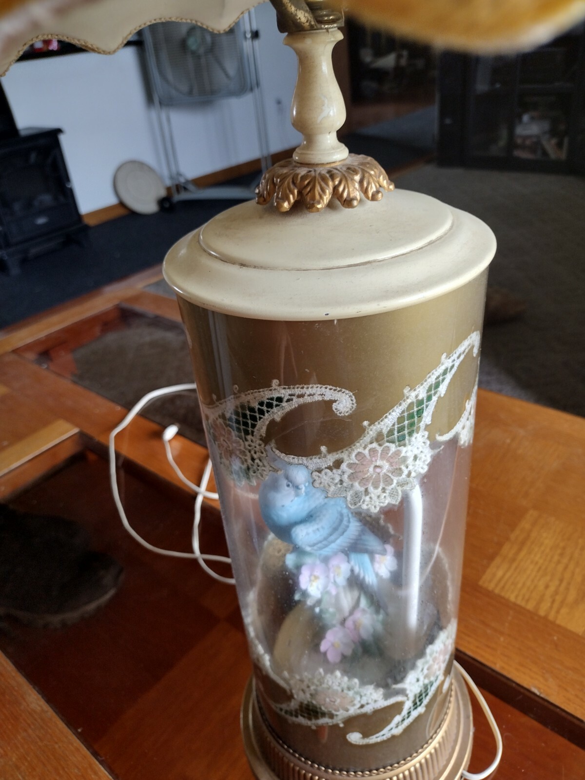 Vintage Antique Glass Lamp Decorated Floral and Bird inside 36″ tall SEE SEE
