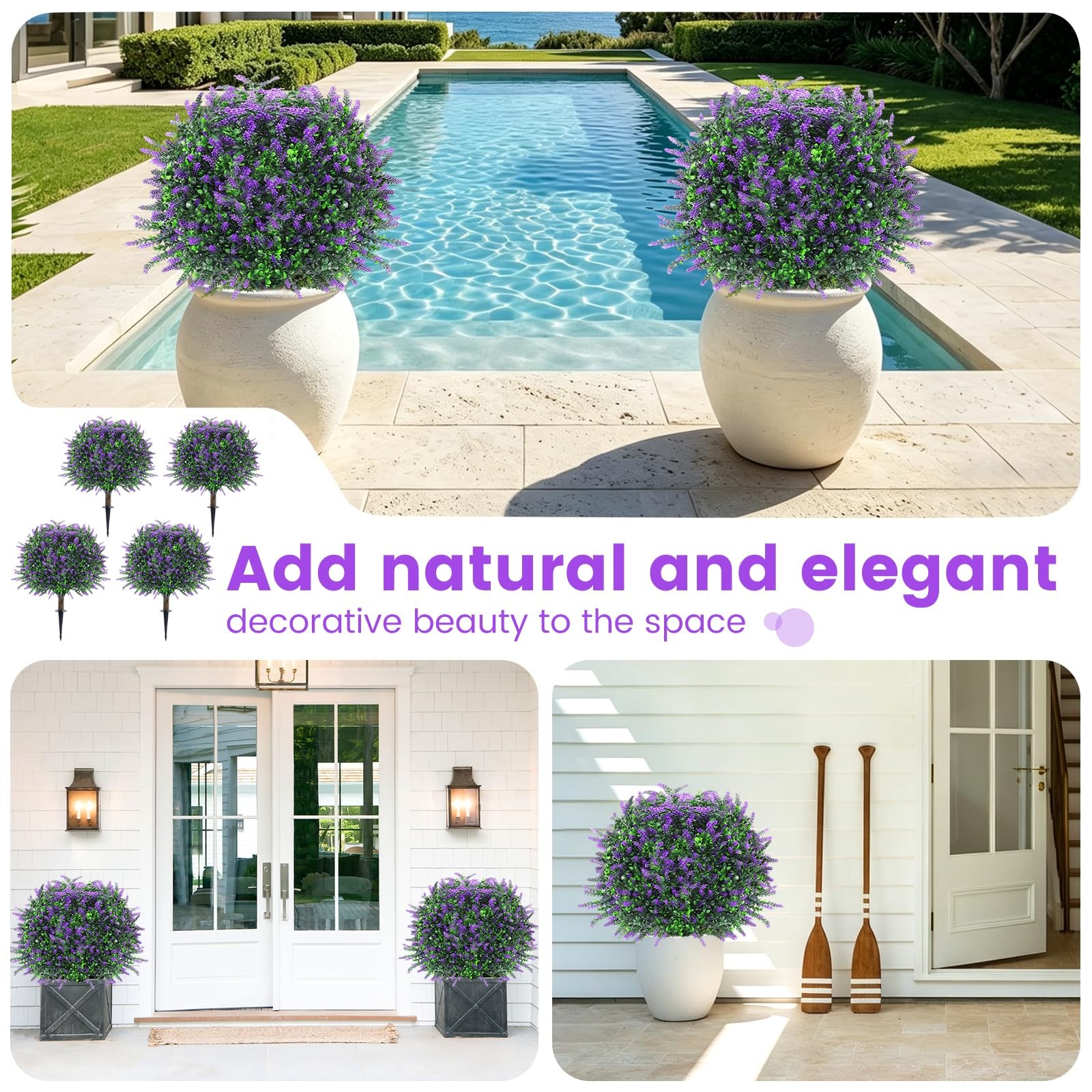 LRTCG Artificial Lavender Topiary Ball Trees, Set of 4 with Ground Spike, UV …
