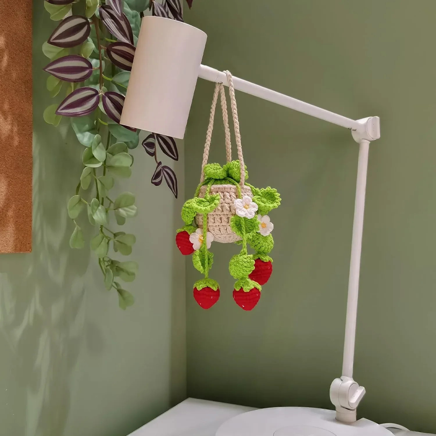 Crochet Hanging Basket Strawberry Plant Car Decor Rear View Mirror Charm