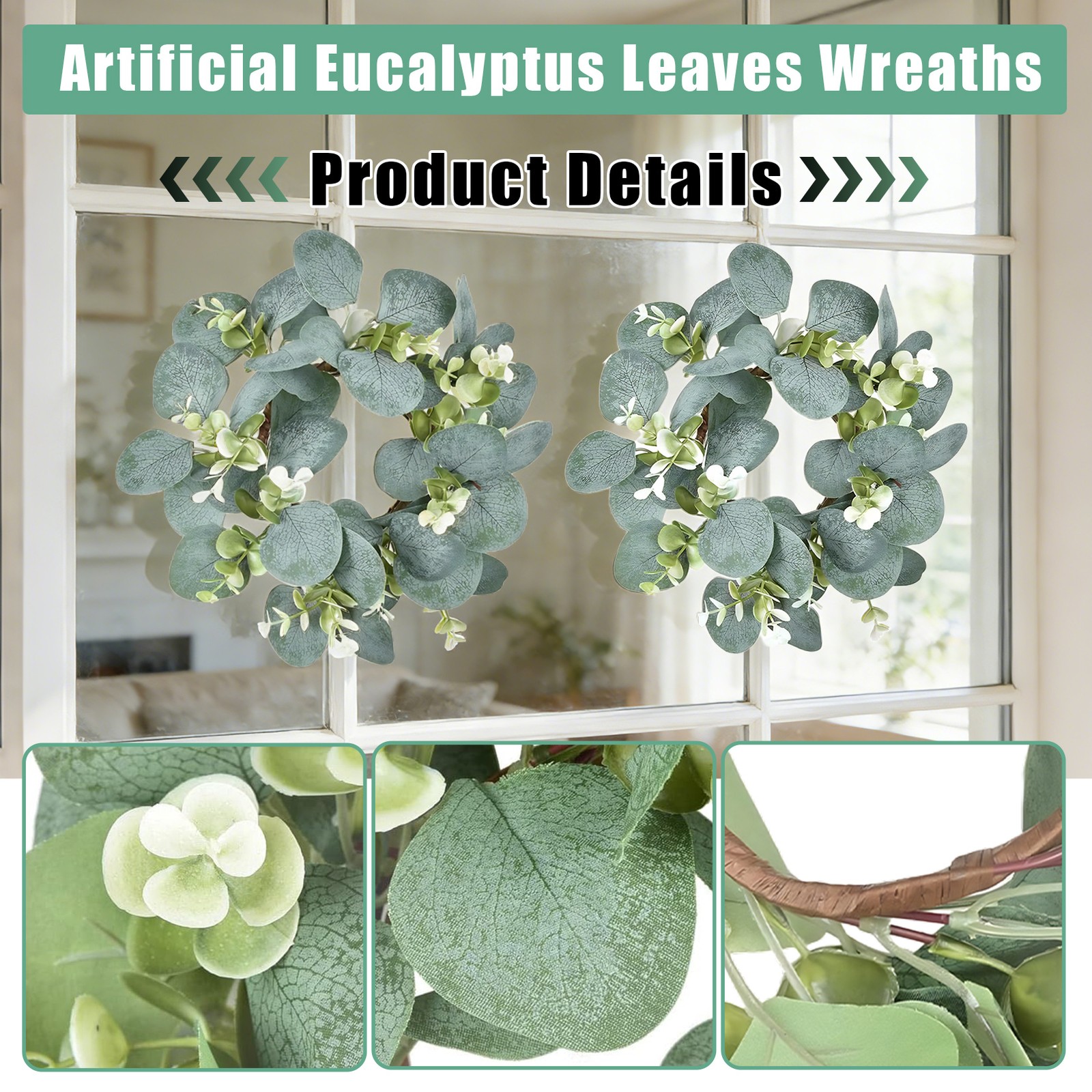 12 Pcs Candle Rings,Small 4″ Artificial Eucalyptus Wreaths,Wedding Table Decor