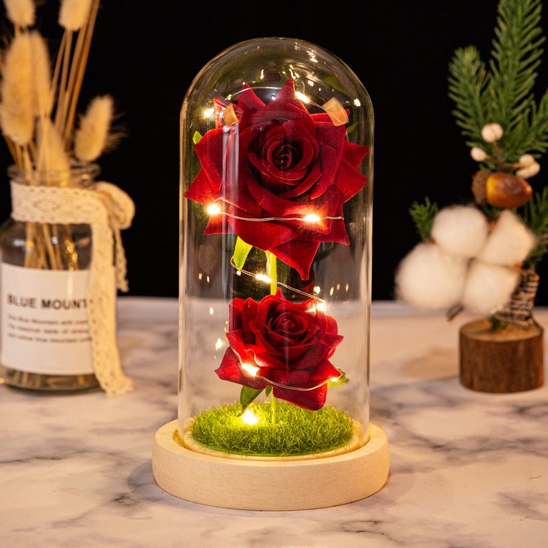 Christmas Valentine’s Day Birthday Gift Two Roses Glass Cover Ornament LED Light