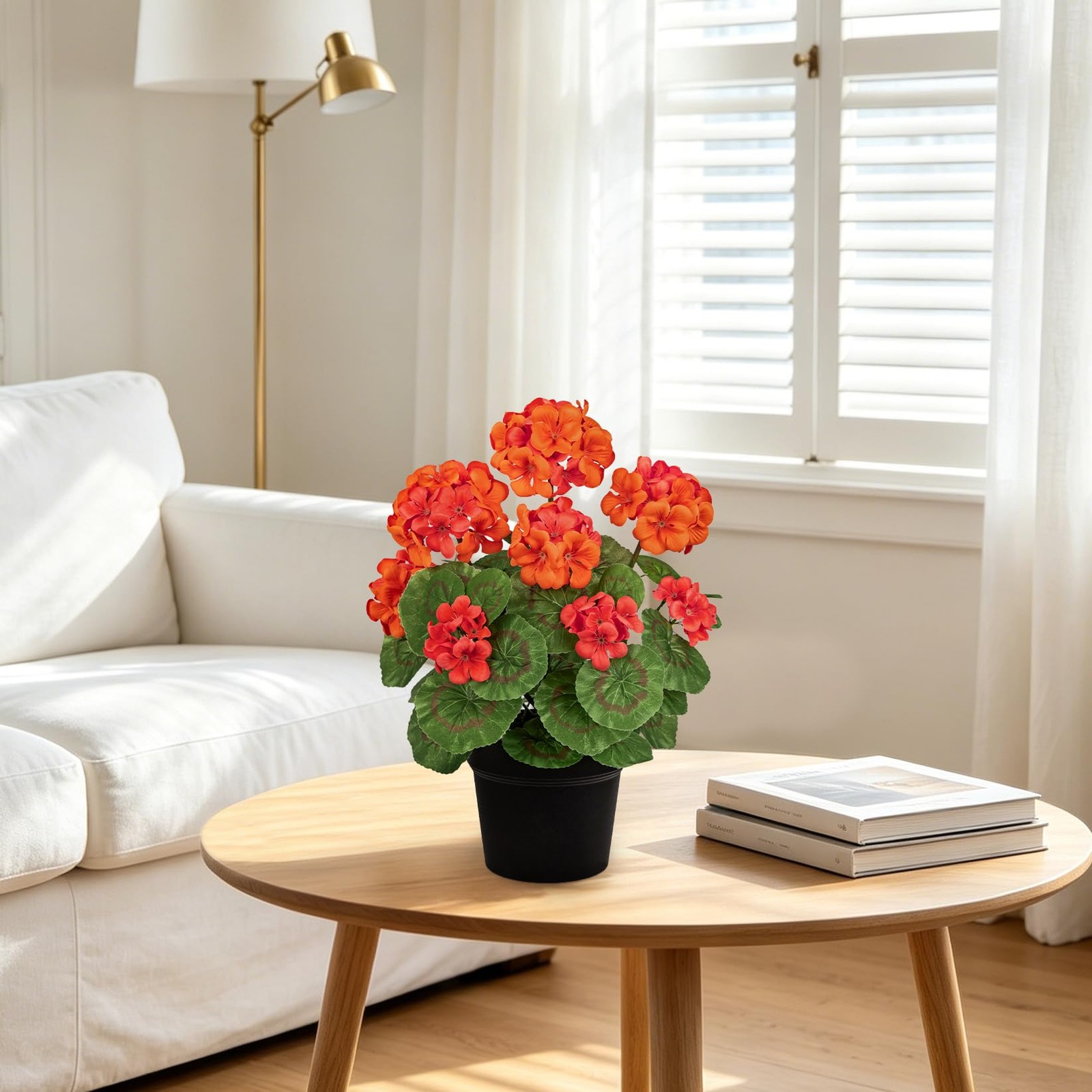 15.7in Artificial Geranium Plant in Black Pot, Orange Faux Potted Flowers, Re…
