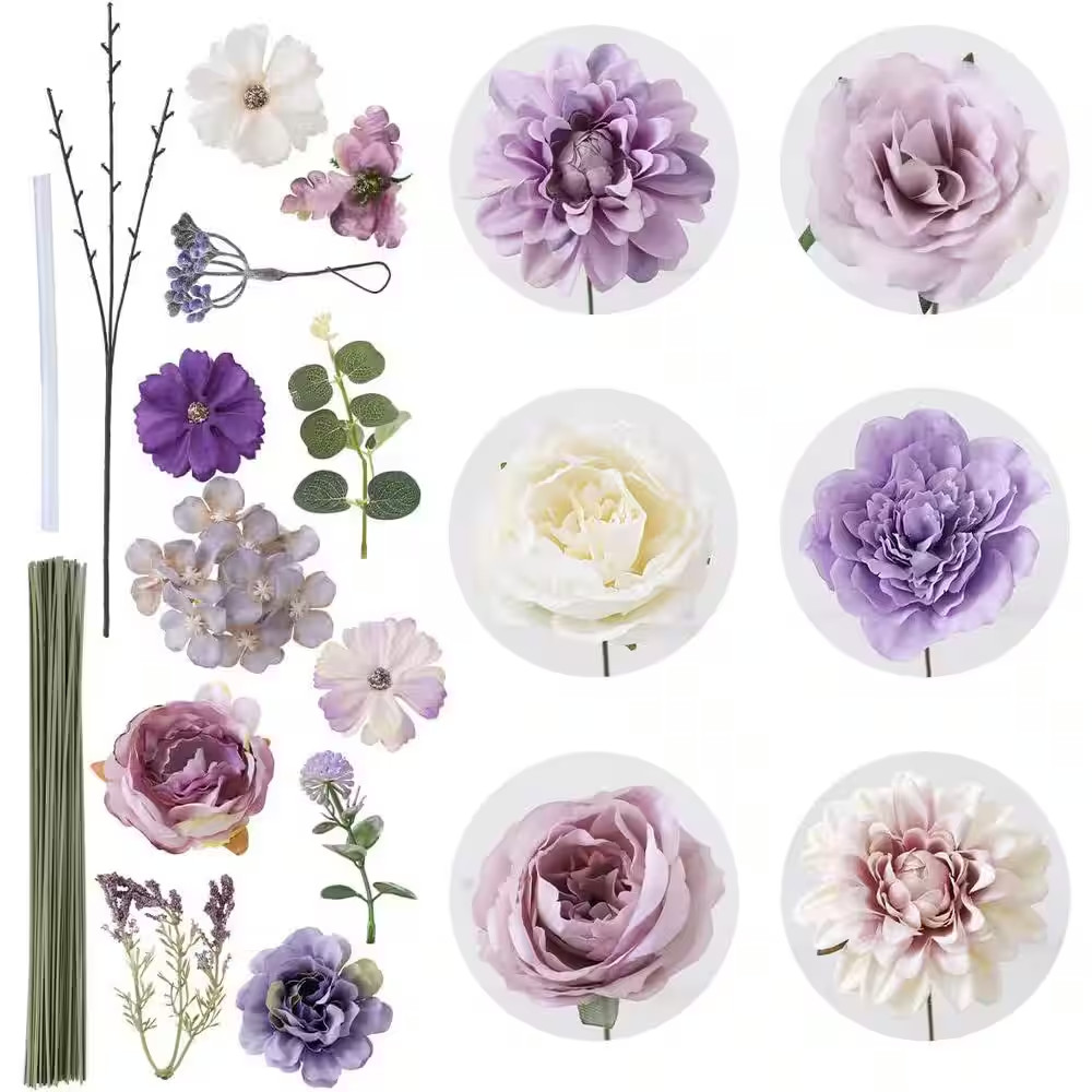 2 In. Purple Indoor/Outdoor Artificial Peony Rose Dahlias Flower with Stems for