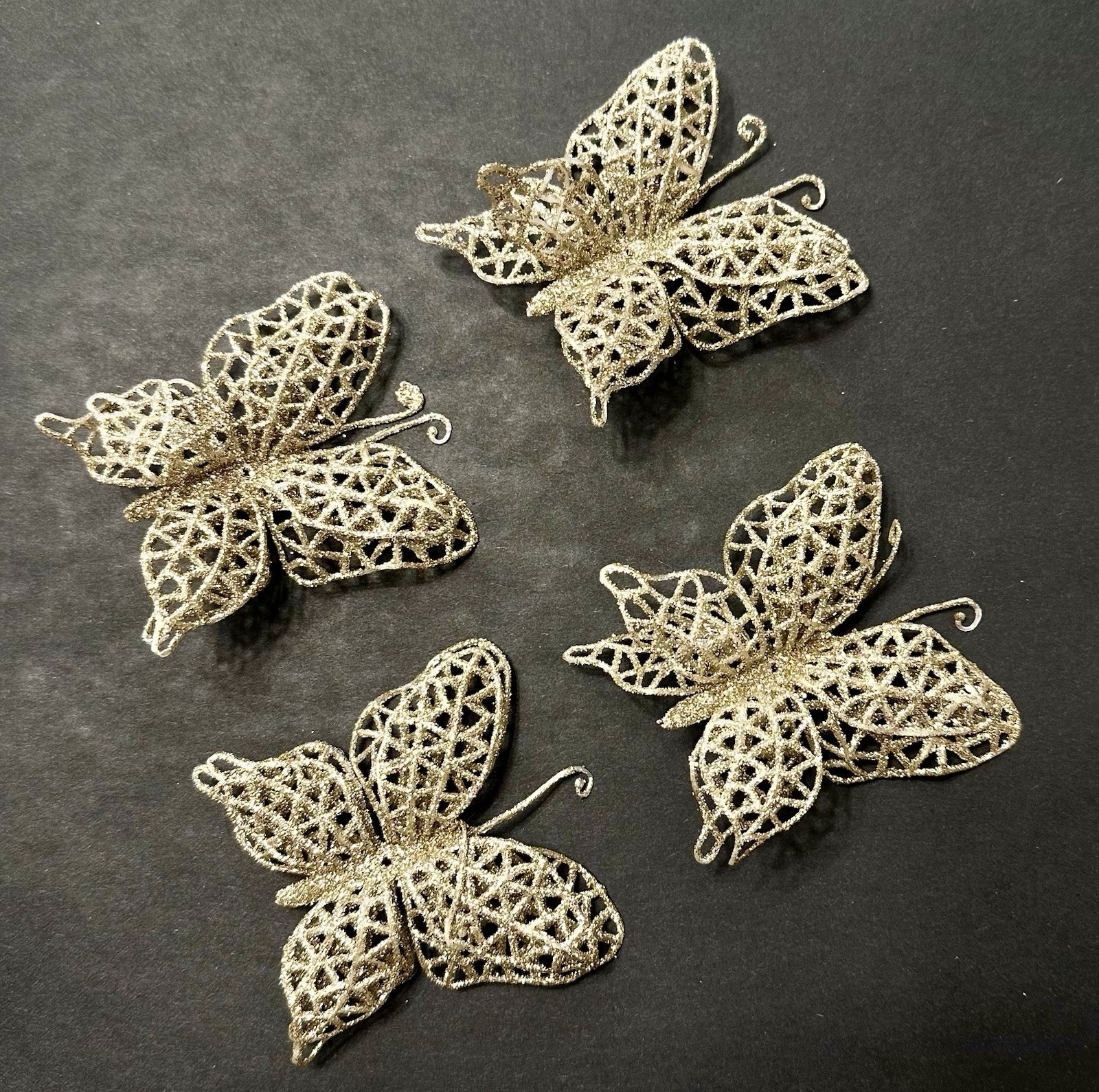 18 Champagne Tinted Glitter Christmas Accents Poinsettias Butterflies & Clips