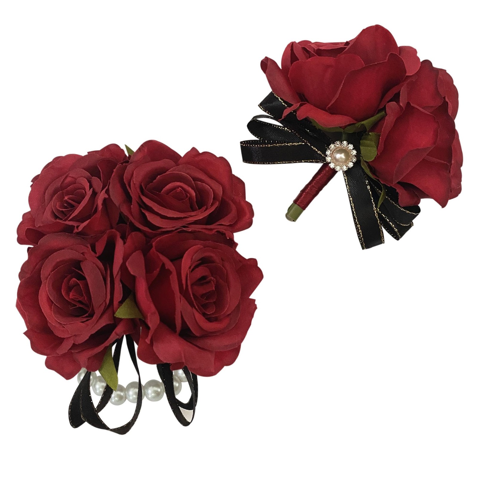 Red Rose Prom Corsage, Boutonniere Set, Wrist Wristlet, Wedding Party Flower
