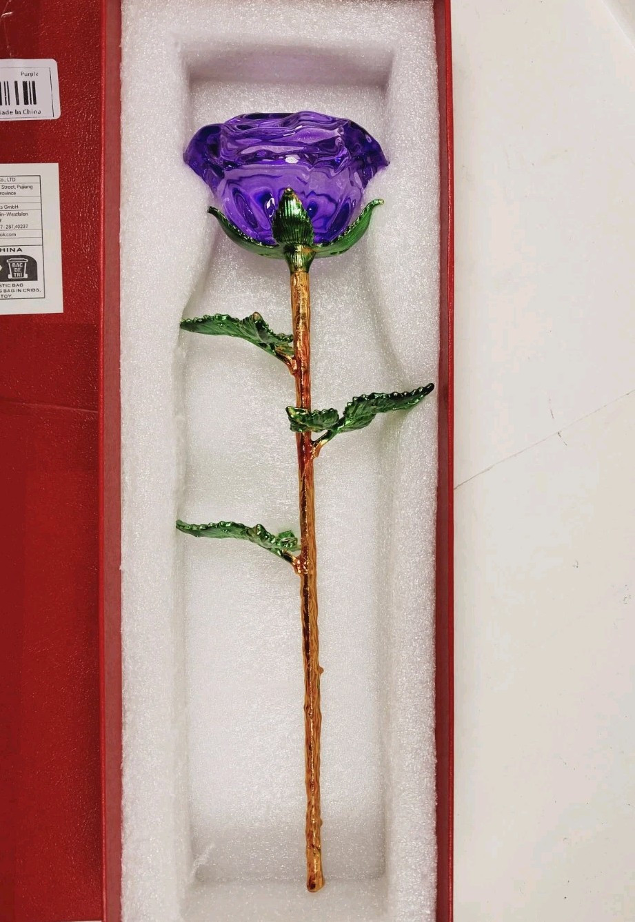 Long Stemmed Purple Rose Figurine Glass Crystal Mothers Easter Event Bling 9.5″