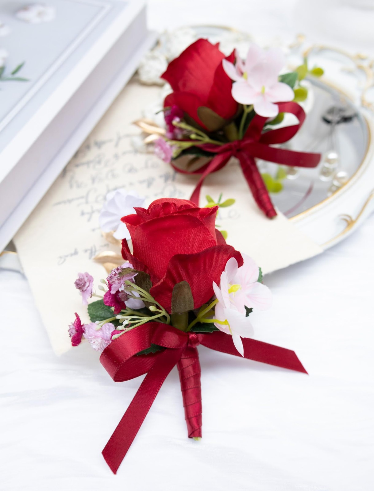 2 PCS Rose Red Boutonniere Men Artificial Flowers Wedding Groom Prom