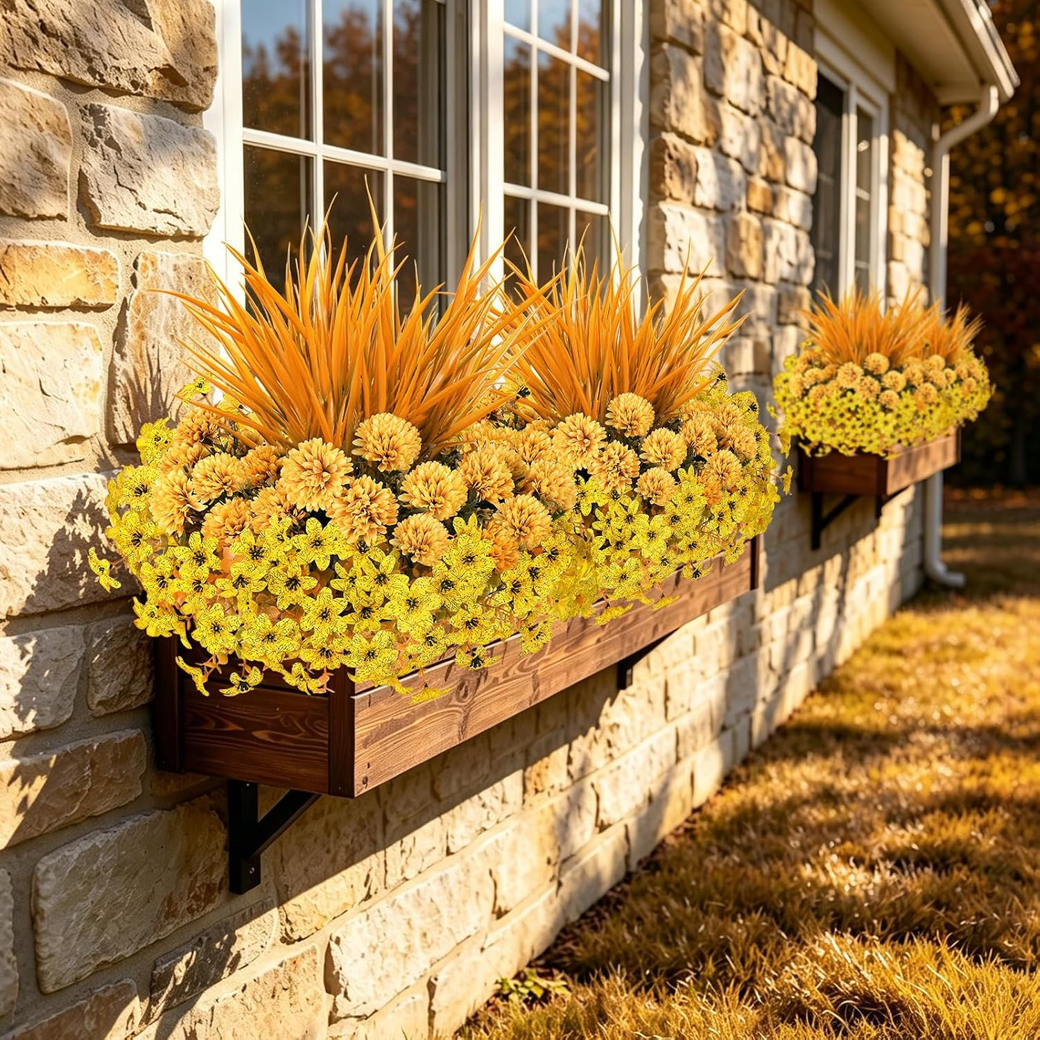 8 Bundles Yellow Faux Mums Flowers for Outdoor Planters and Gardens