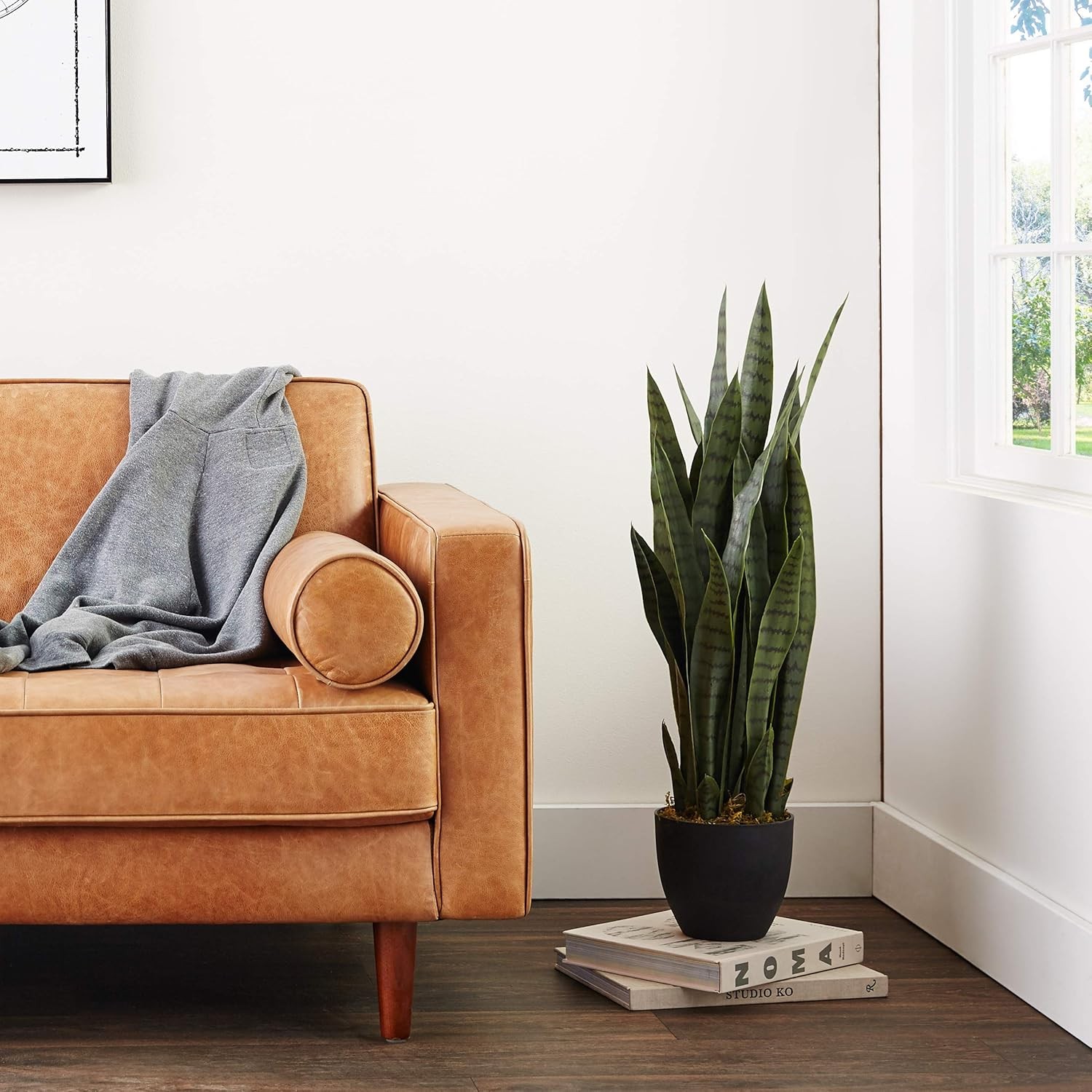 35in Artificial Snake Plant Sansevieria Faux Greenery W/ Black Planter Indoor