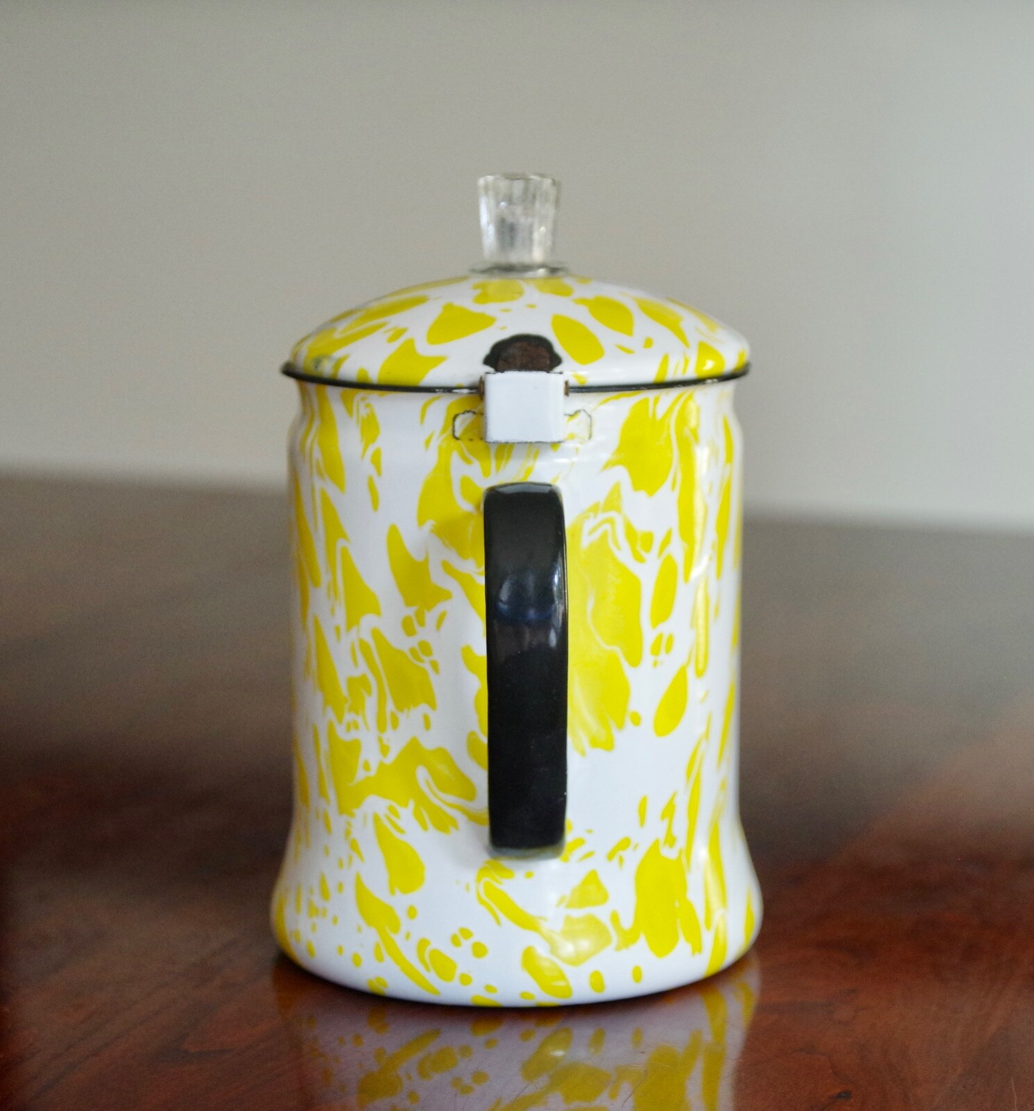 Vintage Enamel Yellow & White Coffee Pot Silk Yellow Daisies & Blue Delphinium