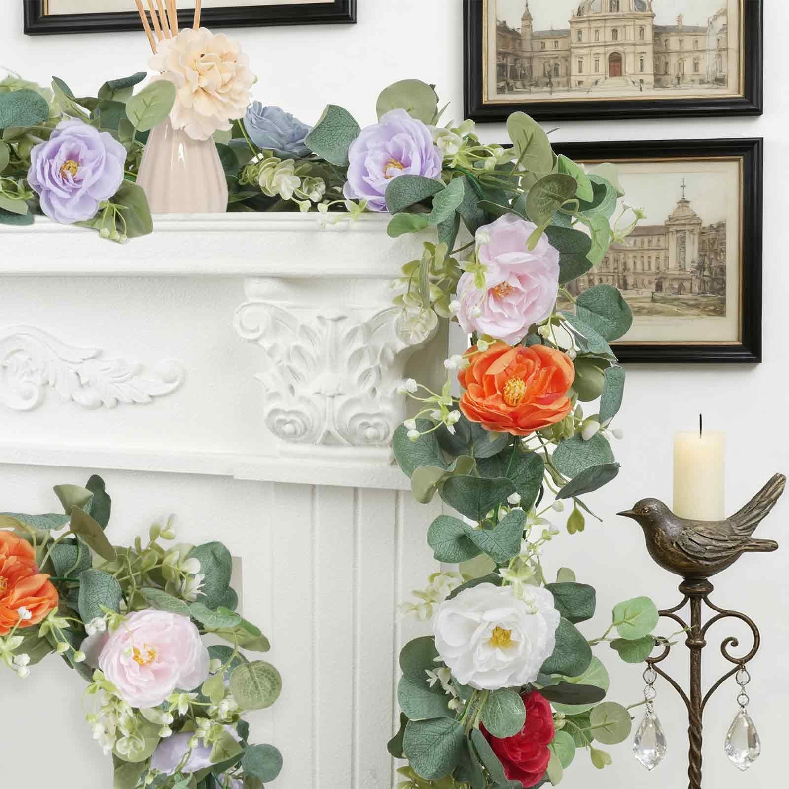 2Pcs(10FT) Artificial Eucalyptus Garlands with Rose Flowers, Faux Floral Gree…
