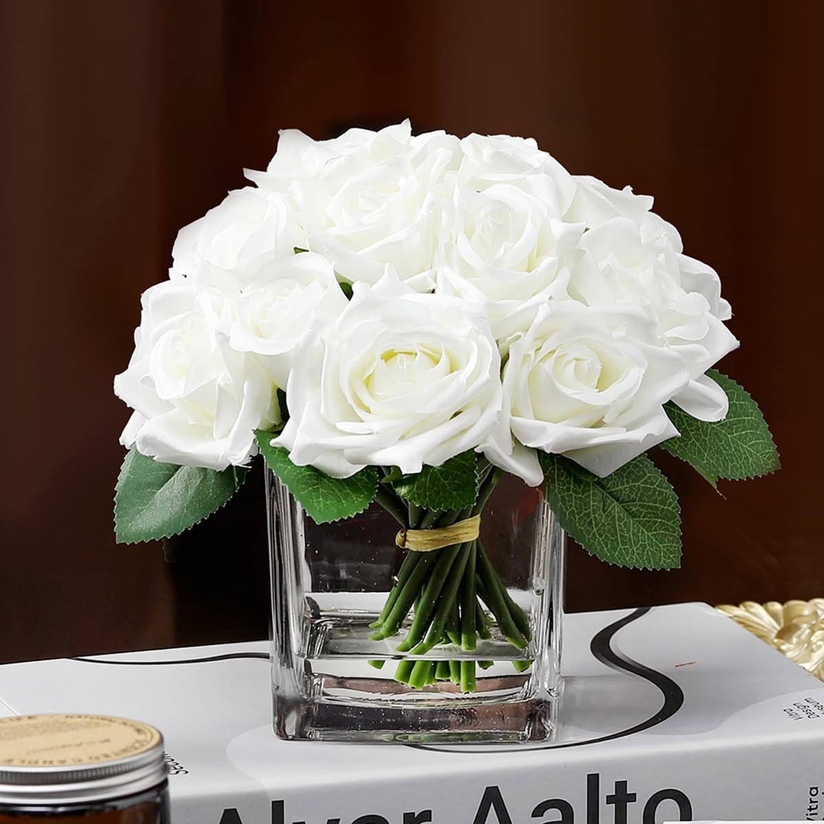 18 Heads Faux Rose Flowers Fake Floral Arrangement Vase Water Table Decor Cream