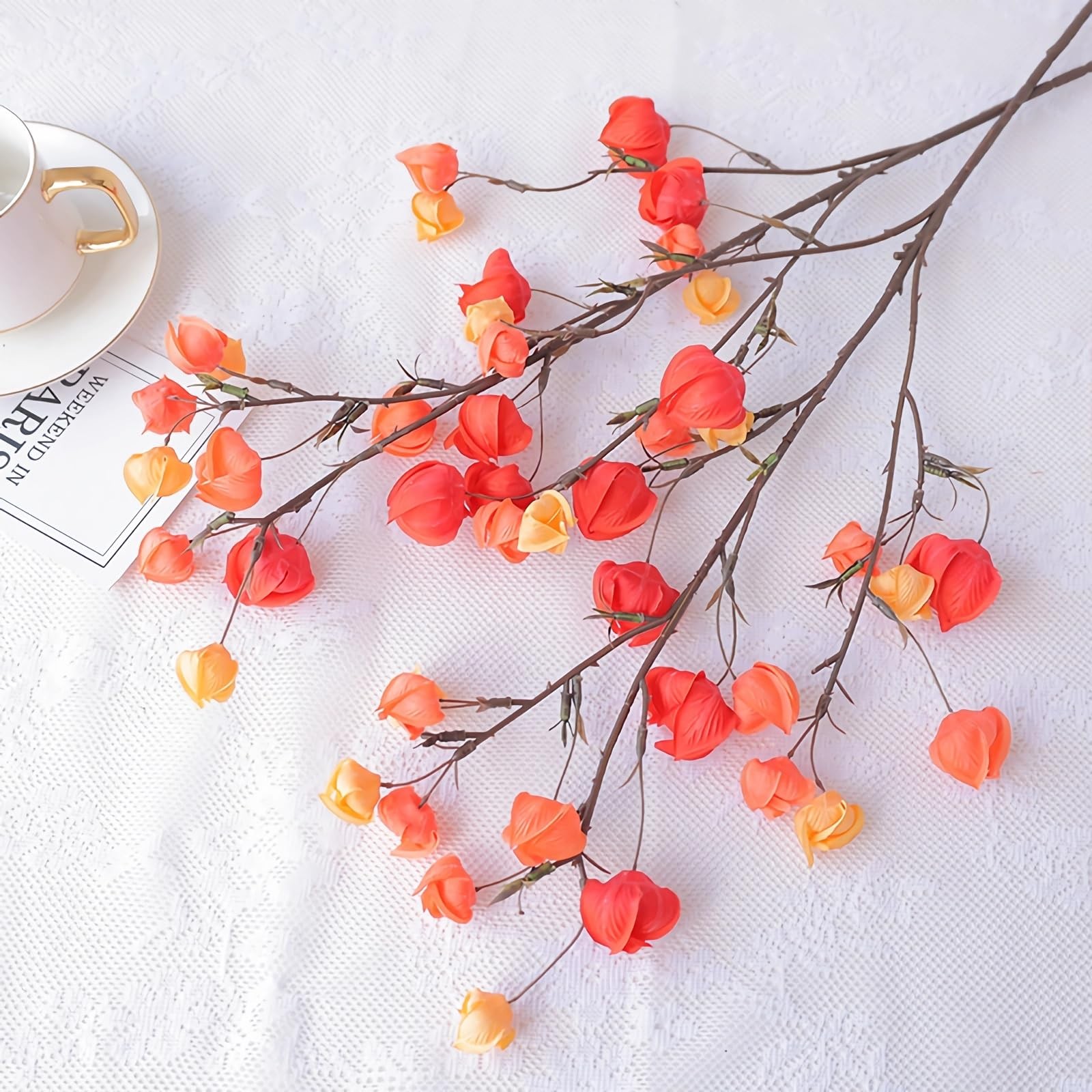 4pcs Artificial Chinese Lantern Flowers 29″ Fake Orange Silk Winter Cherry St…