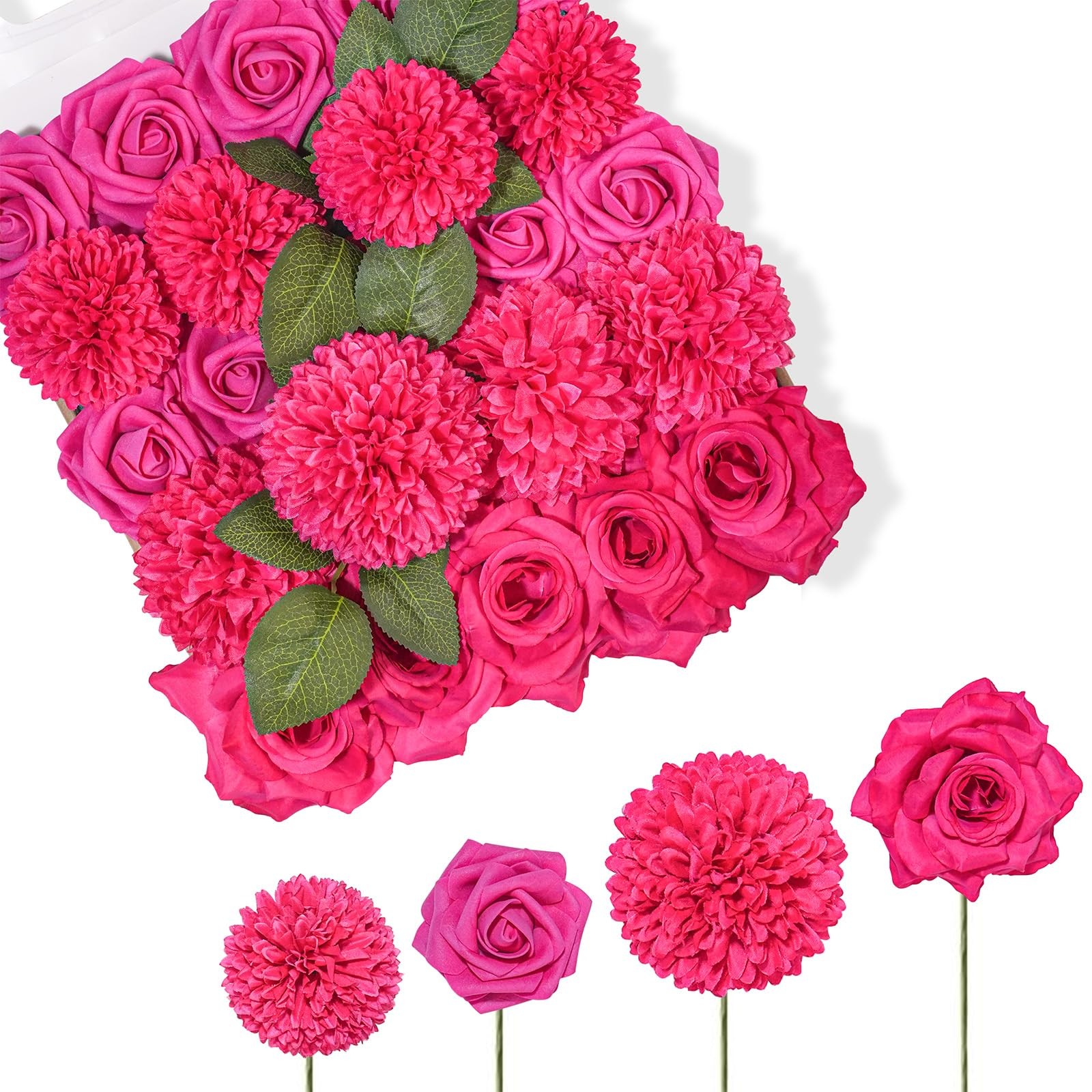 Rose Artificial Flowers Combo, 23pcs Hot Pink Gradient Fake Flowers Chrysanth…