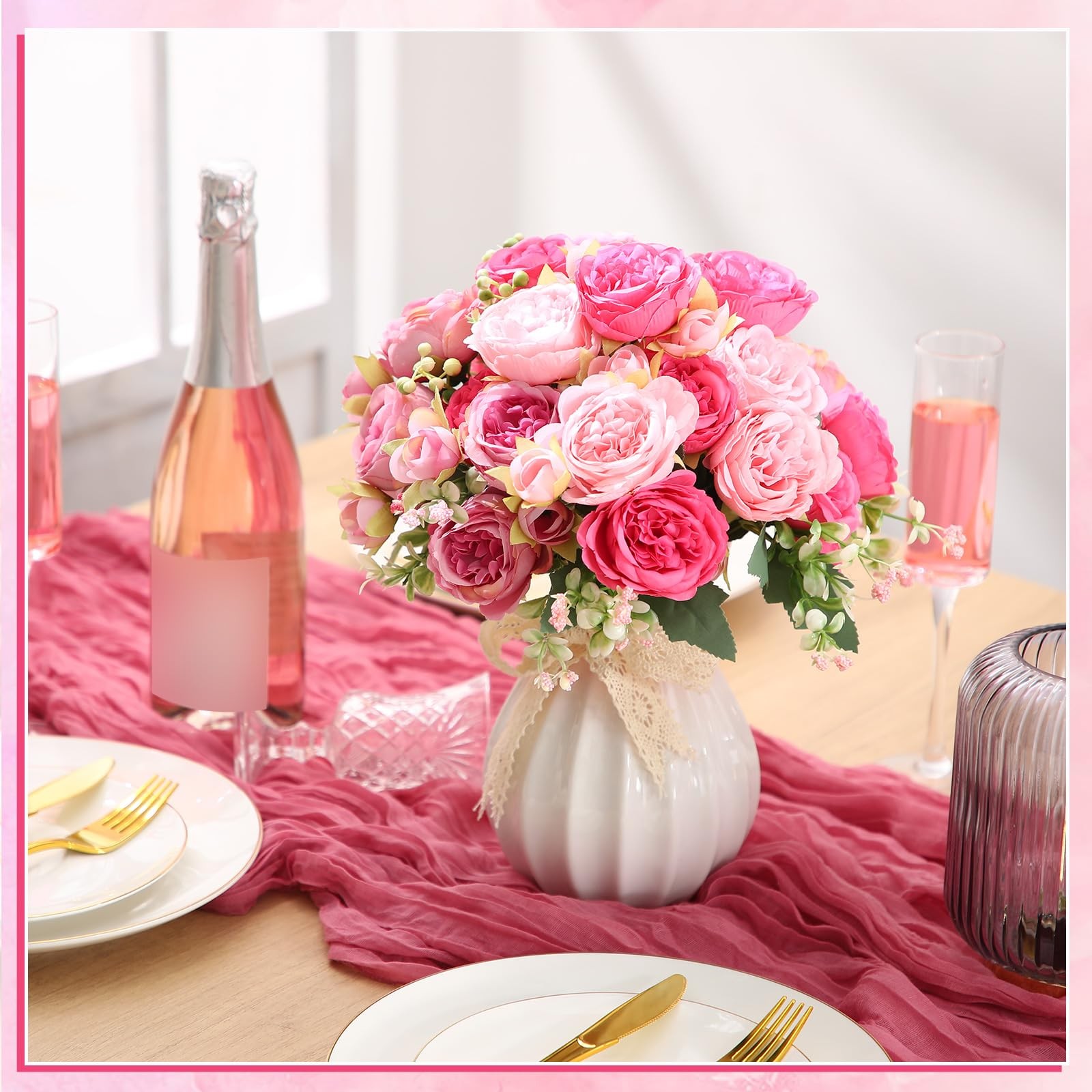 8 PCS Artificial Peonies Flowers Silk Peony Bouquet Floral Rose Pink Decor