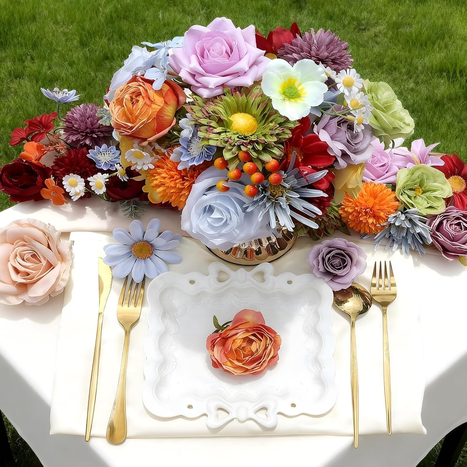 Artificial Flowers Combo Box Set, 38pcs Mix Flowers Dahlia Silk Roses, Daisy &