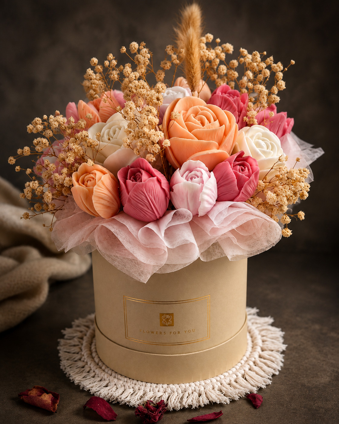 Handmade Wax Rose & Tulip Flower Bouquet Arrangement Home Decor Centerpiece