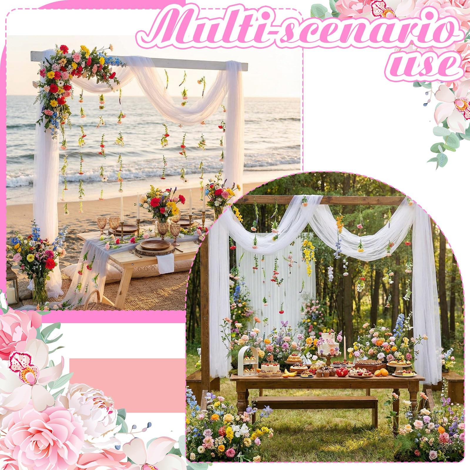 6 Pcs 35.4 Inch Artificial Wildflower Garlands with 3 Pcs 10 Ft Wedding Tulle…