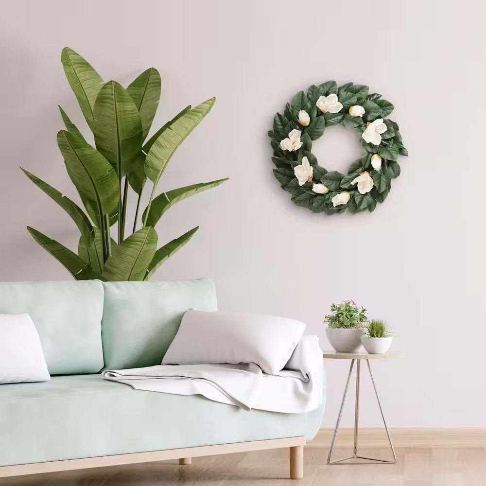 24 In. Artificial Magnolia Floral Spring Wreath with Green Leaves