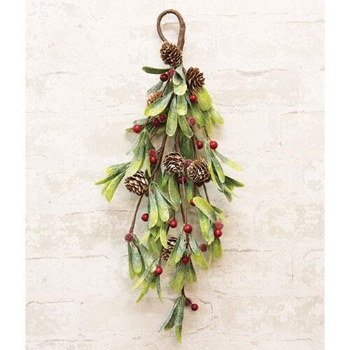 NEW Glittered MISTLETOE TEARDROP WALL HANGER RED Berries Buds Christmas 20″ L