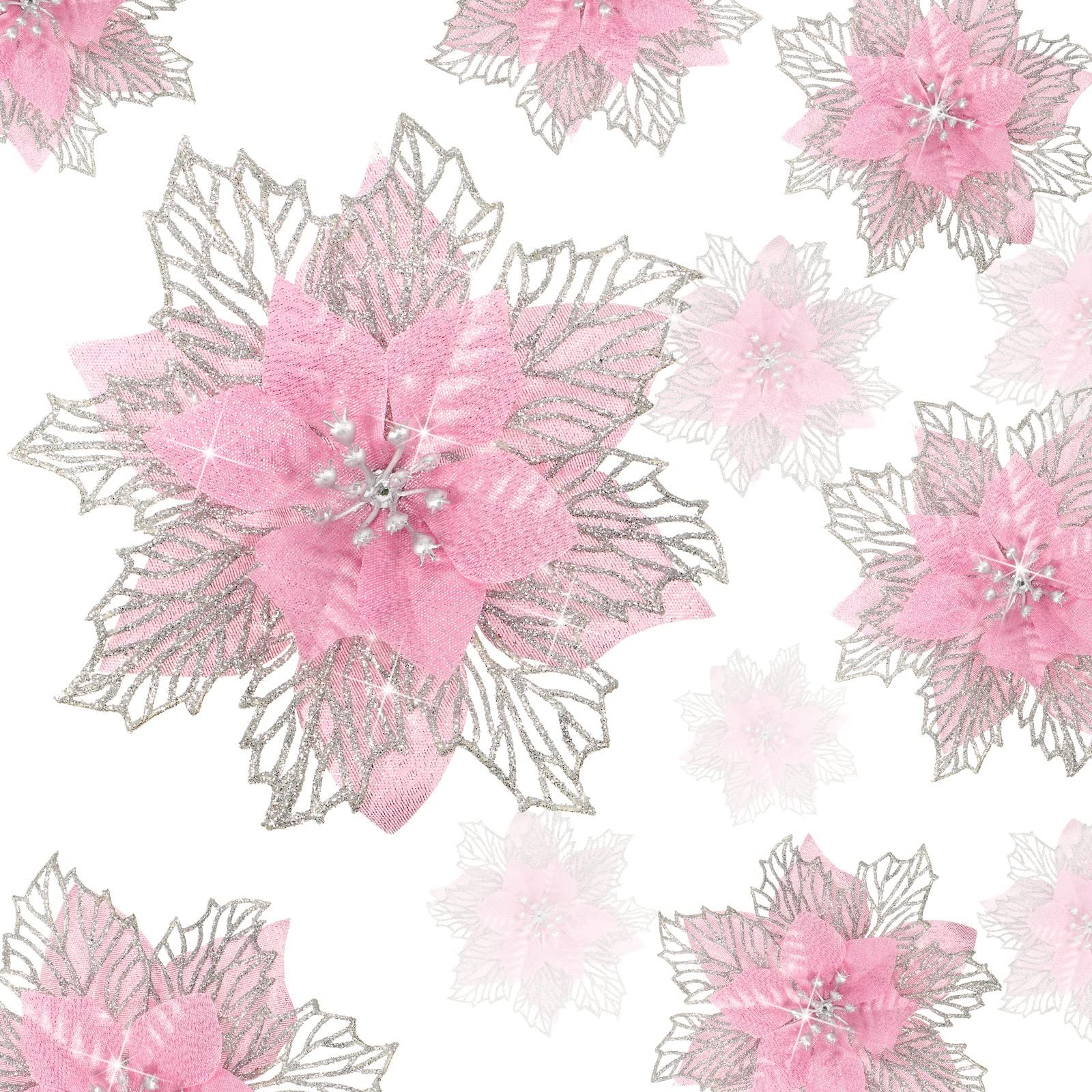 24 PCS Pink Happy New Year Glitter Poinsettia Artificial Flowers 3/4/6 Inch