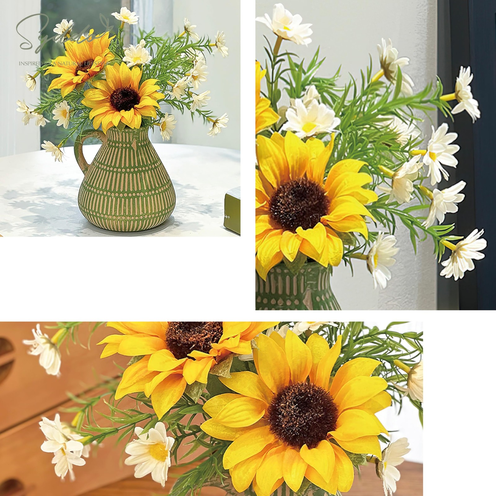 SYDDOL Artificial Sunflower In Vase Silk Daisy Bouquet Realistic Arrangement