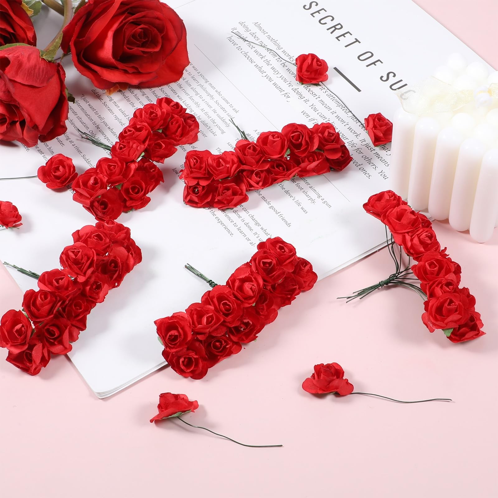 144 PCS Mini Paper Flowers Red Rose Artificial Head Buds DIY Crafts 0.6 Inch