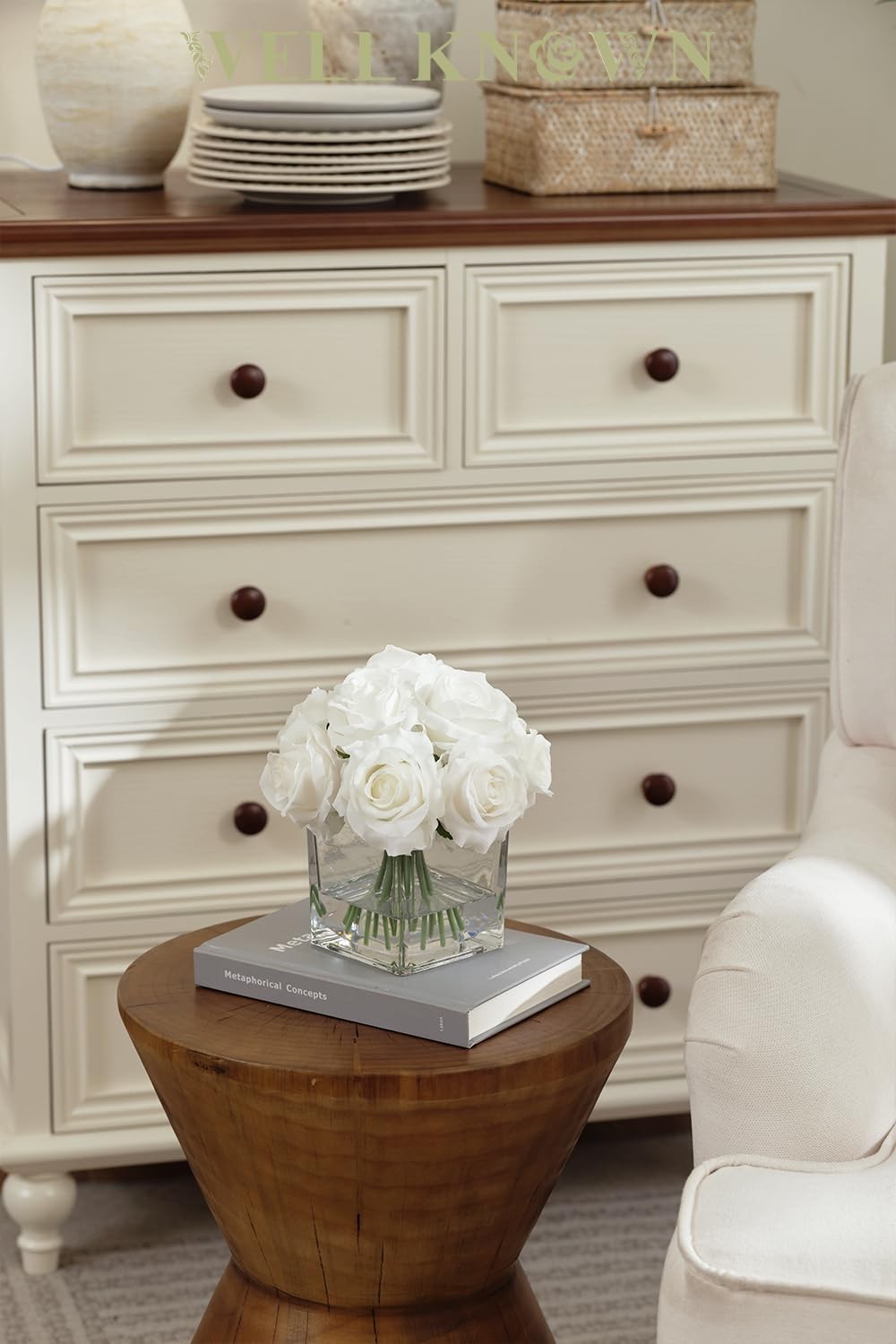 Ivory White Silk Rose Artificial Flowers In Vase Table Centerpiece Decor