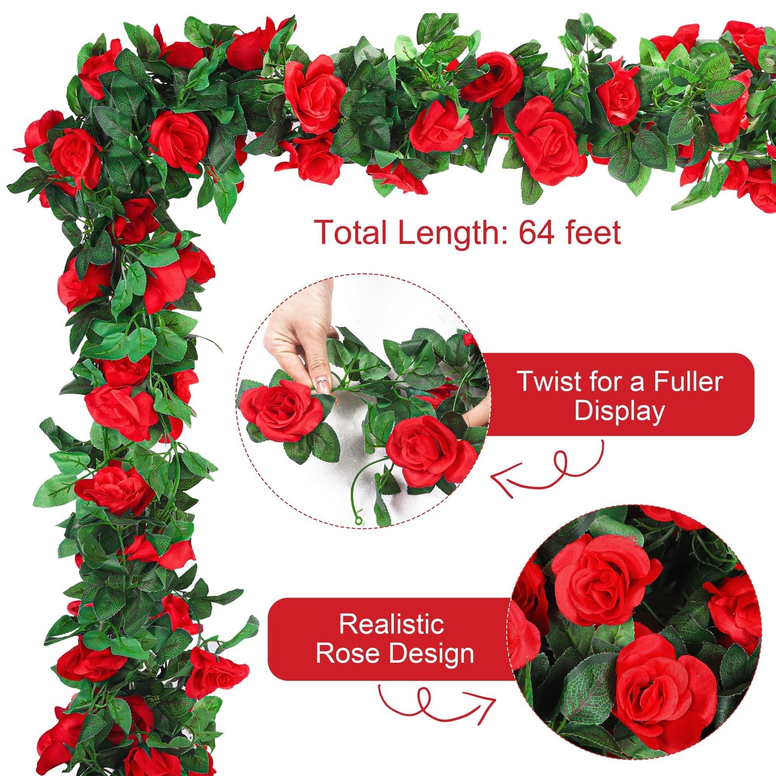 Aneco 8 Pack 64 FT Red Flower Garland Kentucky Artificial Rose Vines Derby