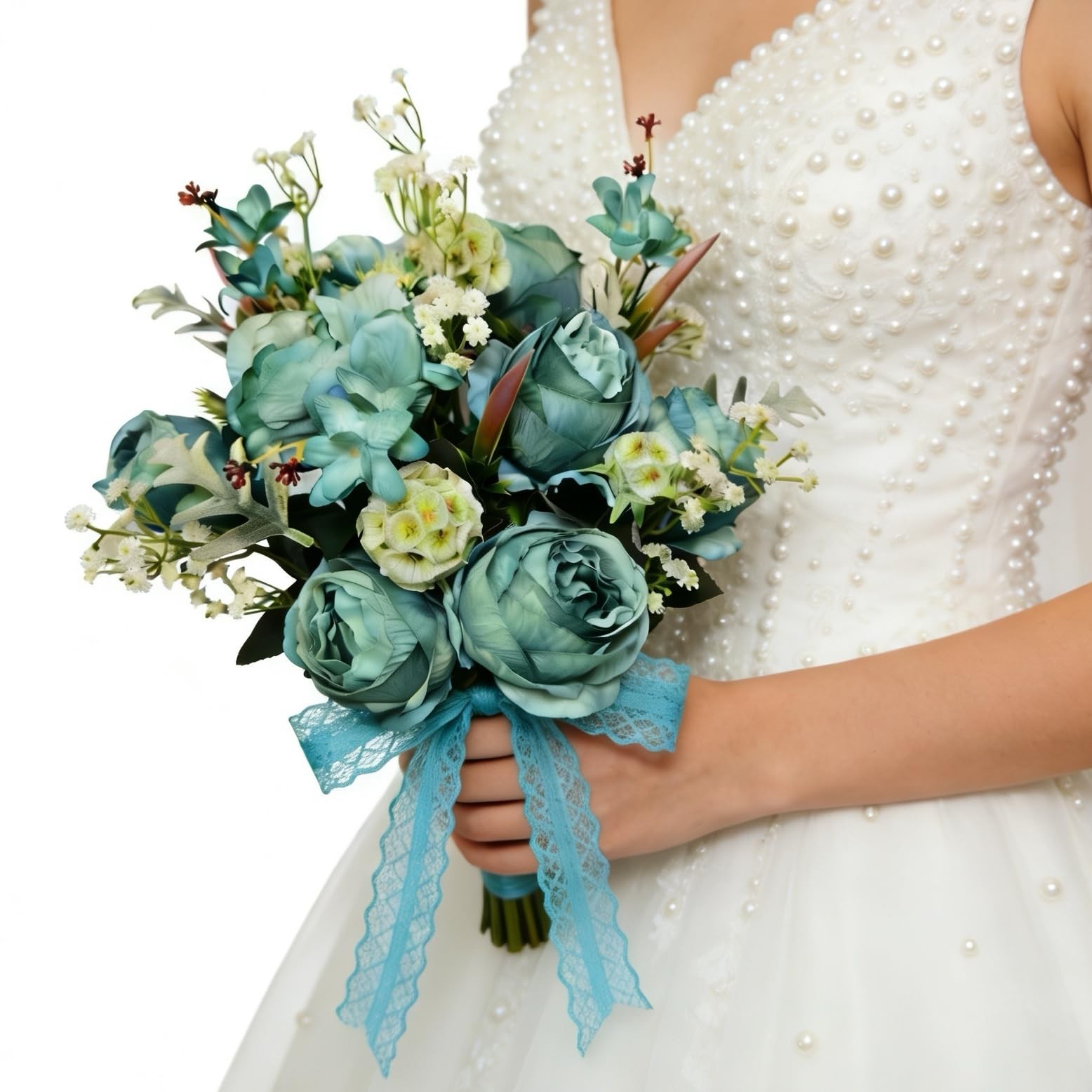 Turquoise Teal Blue Artificial Silk Rose Bouquet White Baby Breath Mixed