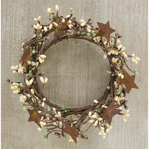 NEW PRIMITIVE Berry Candle Rings 2pc Rust Stars 4″ Brown Green Beige Pips Wreath