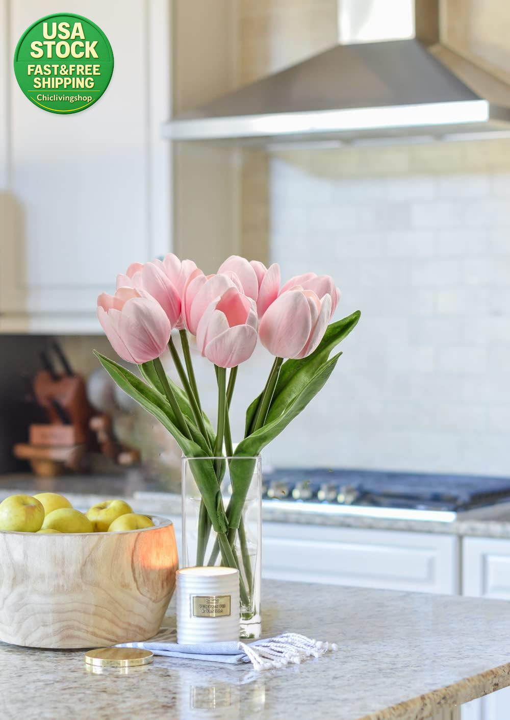Artificial Tulip Flowers Pink Real Touch Foam Arrangement in Clear Vase 13.5In