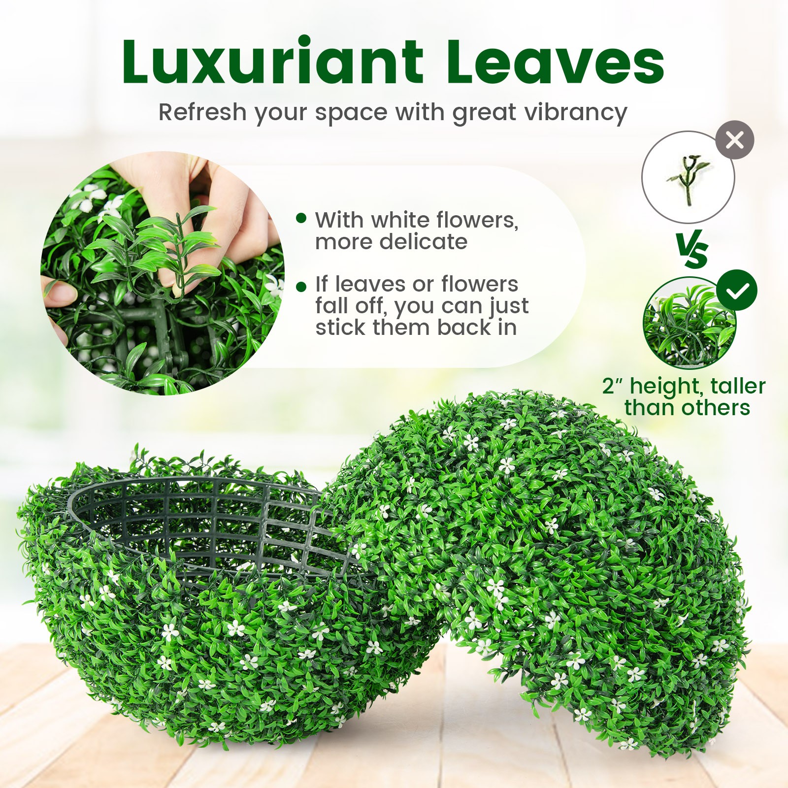 2 PCS Topiary Balls Artificial Plant Faux Boxwood with White Flowers for Wedding