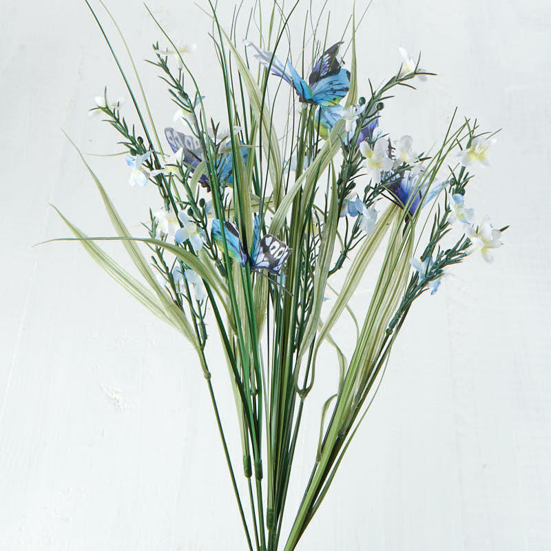 Set of 2 Whispy Artificial Blue Butterfly Grass Bushes for Home Decor