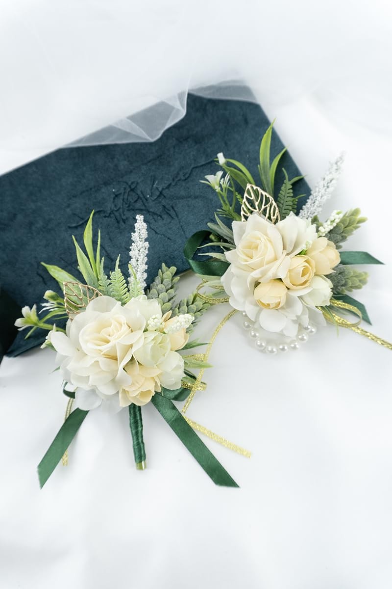 2 Pcs Wrist Corsage and Boutonniere Set, Champagne Corsage for Wedding, Bouto…