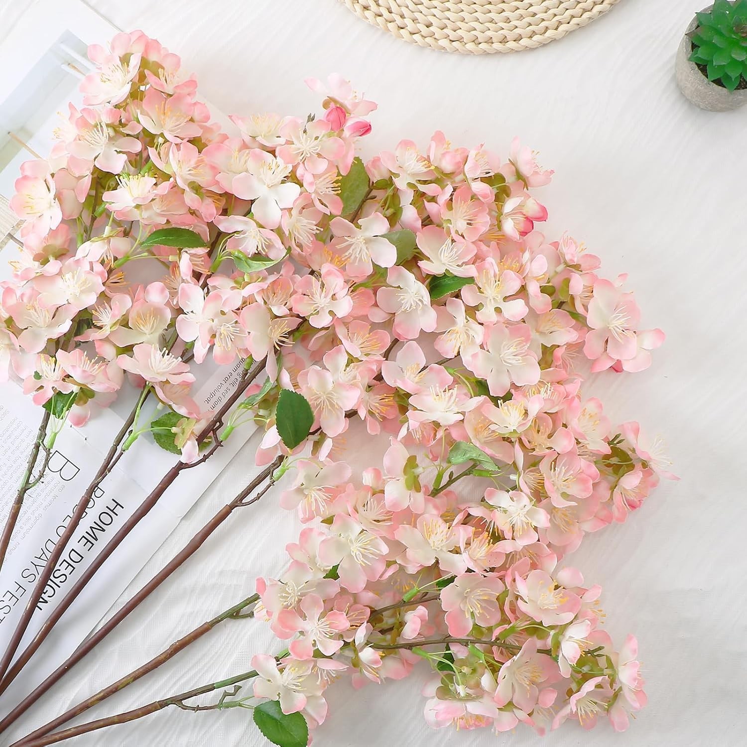 6 PCS Pink Artificial Cherry Blossom Branches Faux Silk Flowers Fake Plants