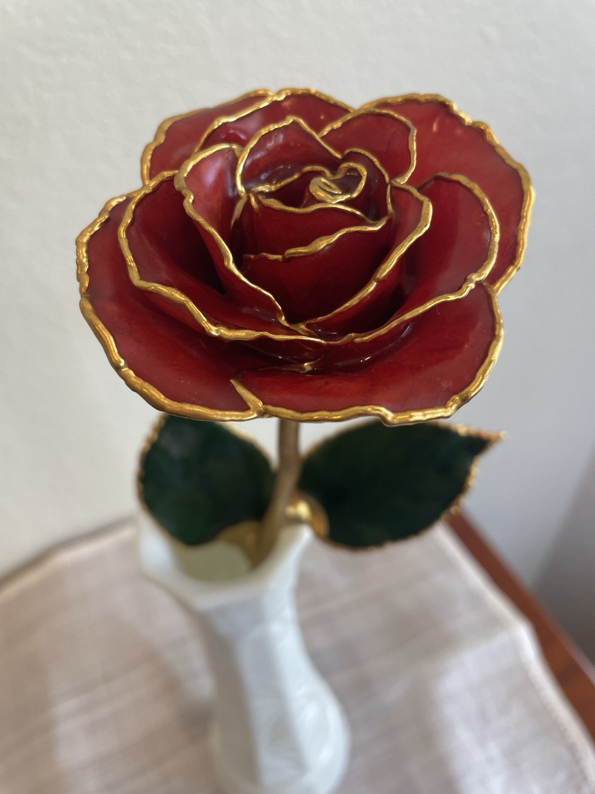 Burgundy Rose Preserved in Lacquer with 24k Gold Plating on Petals and Stem