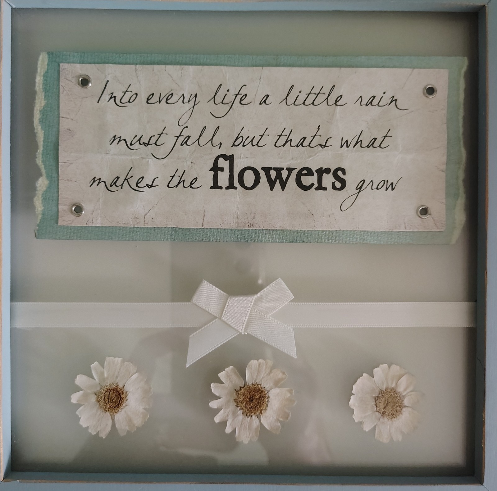 Dried Flowers Encased In Glass w/Quote In Rustic Wood Blue Frame Shabby Chic