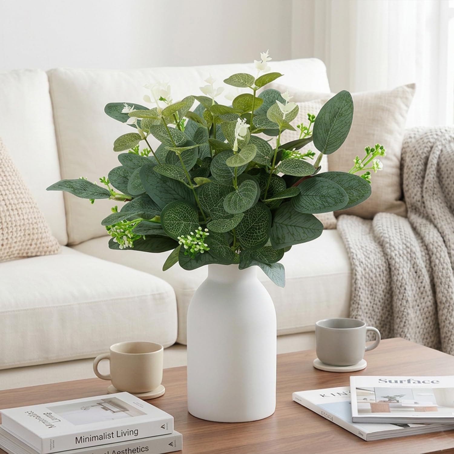 Artificial Eucalyptus Stems in Ceramic Vase, Fake Plants for Home Decor, Faux…