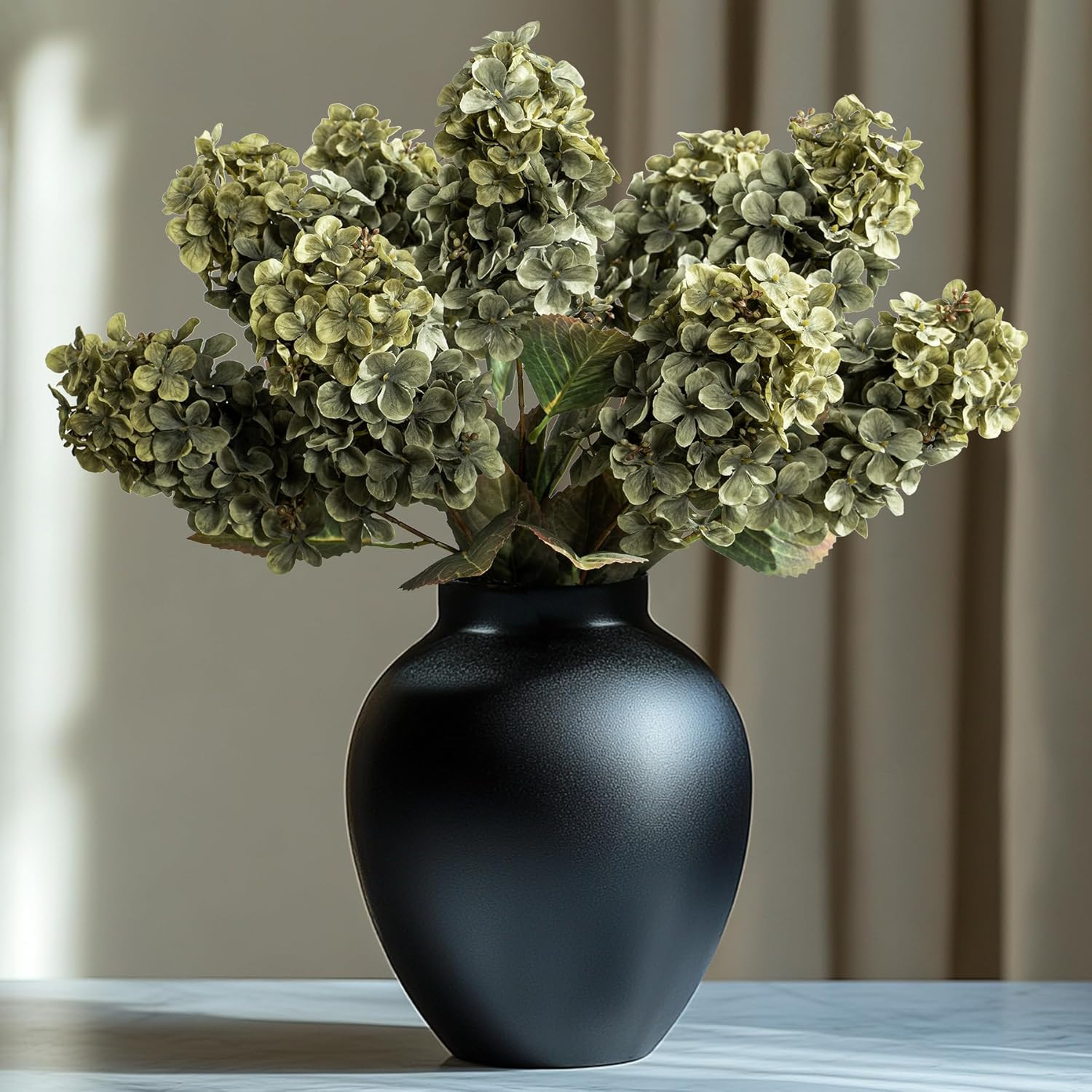 Green Silk Hydrangea Flowers – 8 Pcs Faux Fall Bouquet for Home Decor