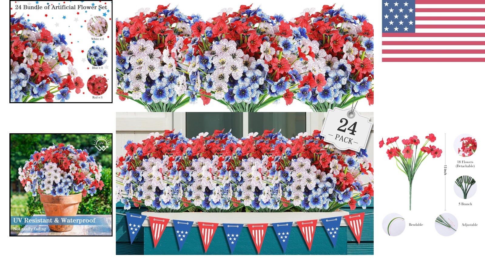 24 Bundles of Faux Flowers – Vibrant Red, White & Blue for -Round Decor