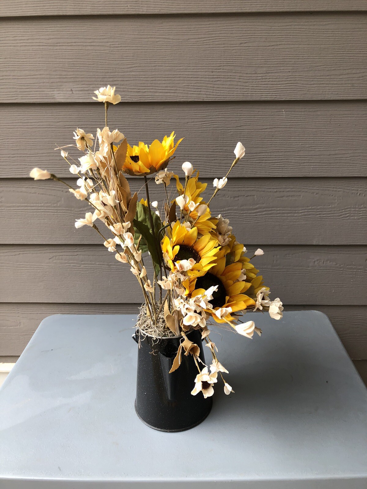 New Handmade Fall Floral Arrangement With Sunflowers In A Coffee Pot