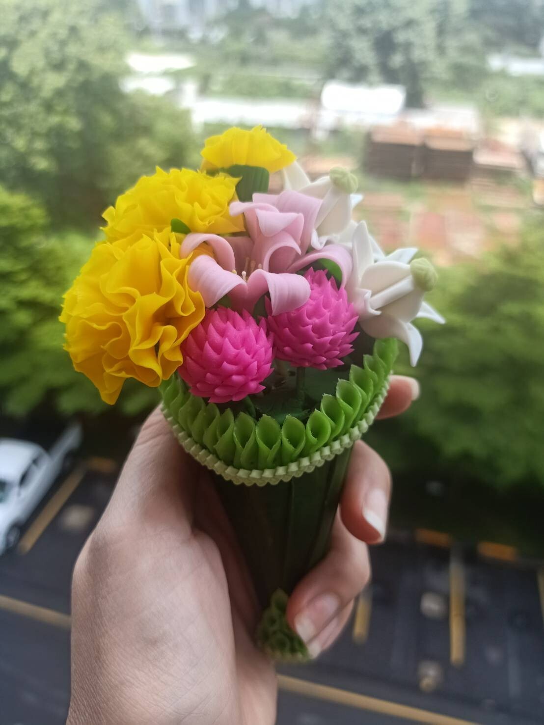 Handmade Artificial Banana Leaf Clay Floral Dollhouse Bouquet Flower Arrangement